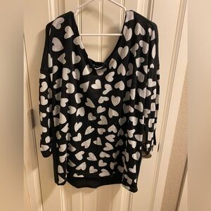 Allegra K Sweater XL Heart Pattern Black White Pullover Off Shoulder Lightweight